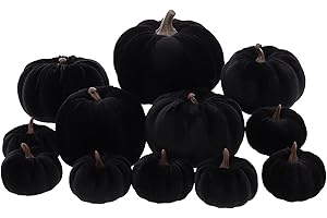 ZningEsxi 12 Pcs Autumn Artificial Velvet Pumpkins Set Halloween Faux Kitchen Cloth Fall Harvest Foam Farmhouse Porch Table Wedding Decorative - Black
