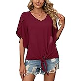 SUEANI Women's Tie Front Blouses V Neck 3/4 Split Sleeve Summer Knot Tops T Shirts