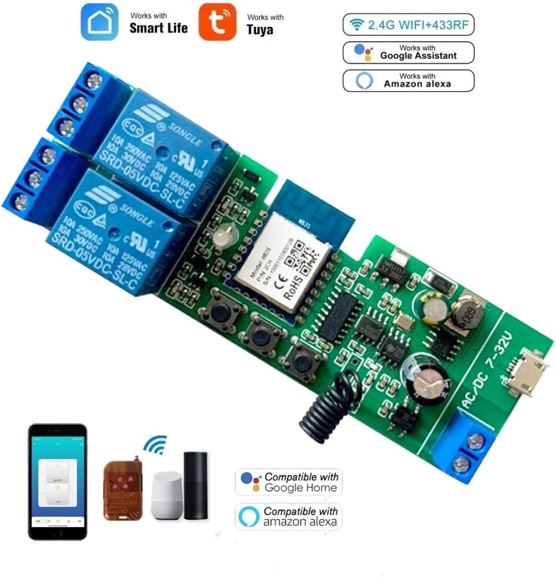 MHCOZY 2CH WiFi RF Wireless Switch Relay,Inching Self-Locking Interlock Mode - Image 3