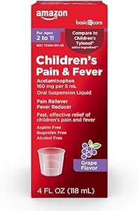 Basic Care Children's Pain & Fever Oral Suspension Acetaminophen 160 mg per 5 mL, Grape Flavor, Fast, Effective Pain Reliever and Fever Reducer for Children, 4 Fluid Ounces