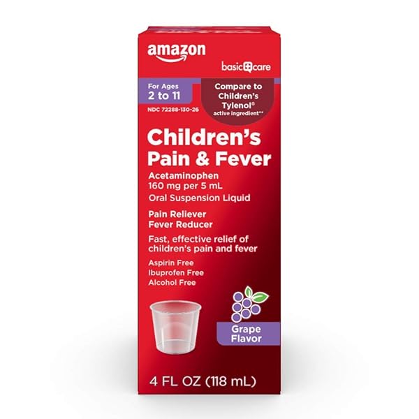 AMAZON BASIC CARE CHILDREN’S ACETAMINOPHEN 160 MG PER 5 ML ORAL SUSPENSION, GRAPE FLAVOR, PAIN RELIEVER AND FEVER REDUCER, 4 FL OZ