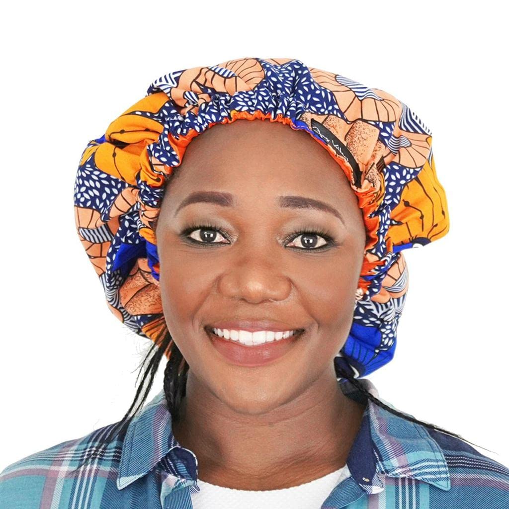 Orange/Blue African Print Bonnet, Ankara Satin Lined Bonnet, Sleep Cap For Women
