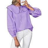 Cicy Bell Womens Peter Pan Collar Shirts Long Puff Sleeve Cotton Blouses Trendy Casual Loose Fit Tops