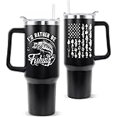Fishing Tumbler with Handle and Straw Fish Cup Coffee Travel Mug Fishing Gifts for Dad Papa Husband Fisherman Fathers Day-40 oz Id Rather Be Fishings