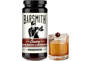 Barsmith Luxury Bourbon Cherries - Dark Rich Cocktail Cherry Made With Whiskey And Vanilla - Bourbon Cherries For Old Fashioned, Manhattan, And Dessert Recipes - 10oz Glass Jar (Pack of 1)
