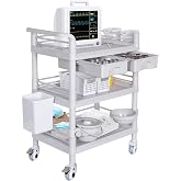 Mobile Medical Cart 3-Tier Professional Utility Cart 330 LBS Max Load | Rolling Crash Cart Ultrasound Trolley, With Wheels Drawers Sharps Box Storage Basket, For Hospital Dental Clinic Home