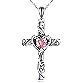 URONE Cross Necklace Sterling Silver Birthstone Cross Pendant May Birthstone Heart Jewelry Gifts For Women