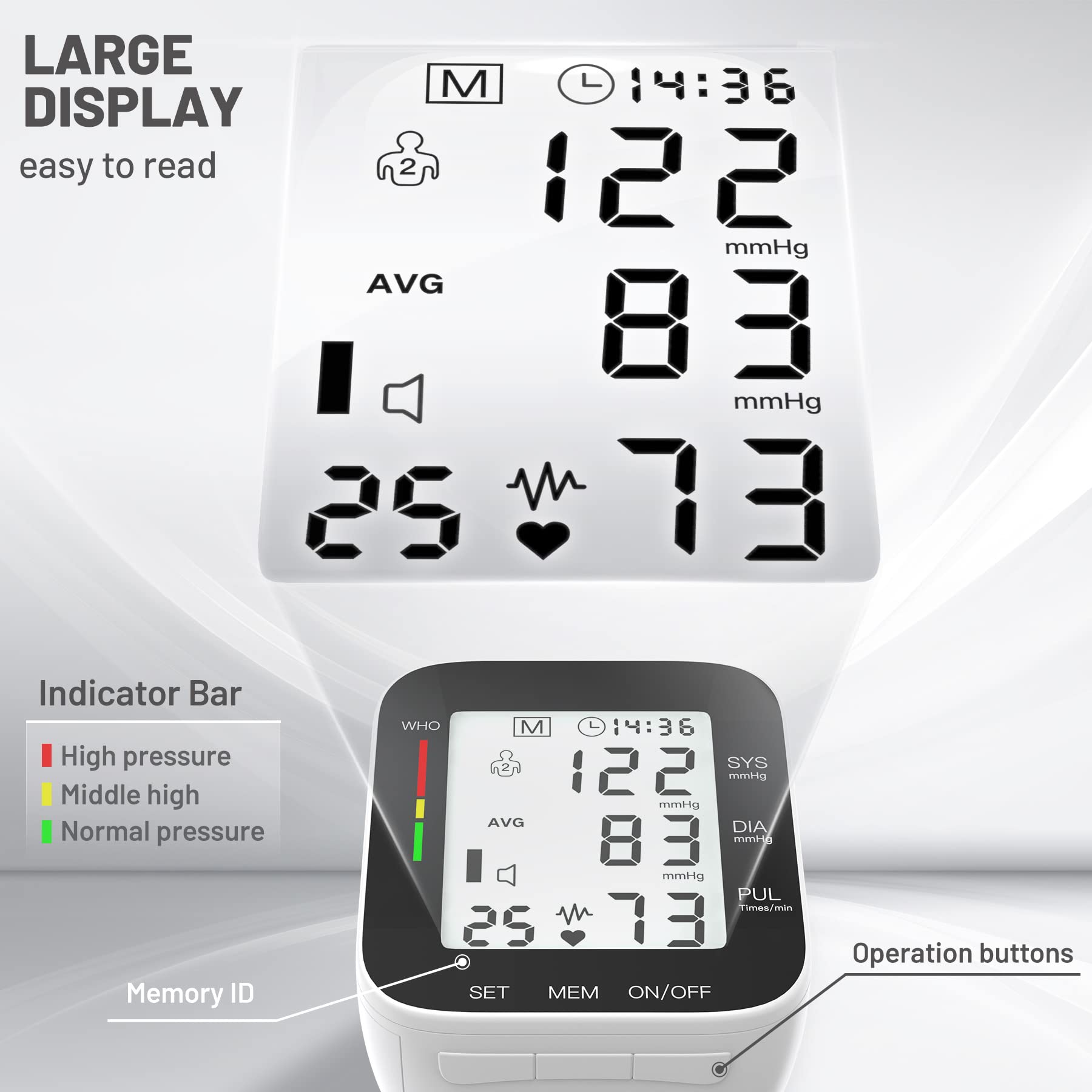 Blood Pressure Monitor Automatic Large LCD Display Adjustable Wrist Cuff Dual 99 Reading Memory Digital Portable Machine for Home Use with Carrying Case