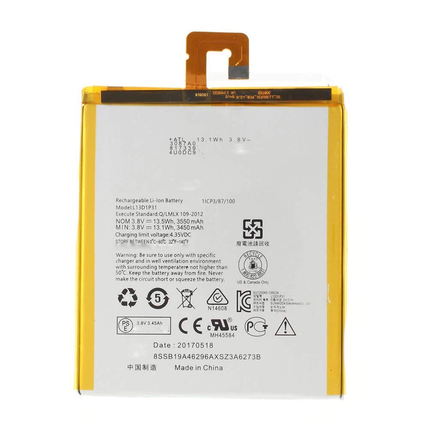 L13D1P31 Laptop Battery Replacement for Lenovo Tab 2 A7-10 A7-20 Tab 3 7-10F 7-10L 730X A7-10F A7-10L (3.8V 3450Mah)