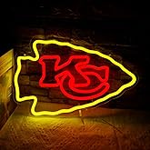 Rugby Football Sports Team Neon Sign Suitable for Chiefs KC Logo Neon Sign for Wall Decor USB Powered Dimmable Led Light Up Signs for Men Cave Home Bar Birthday Party Decor Xmas Gifts for Fans