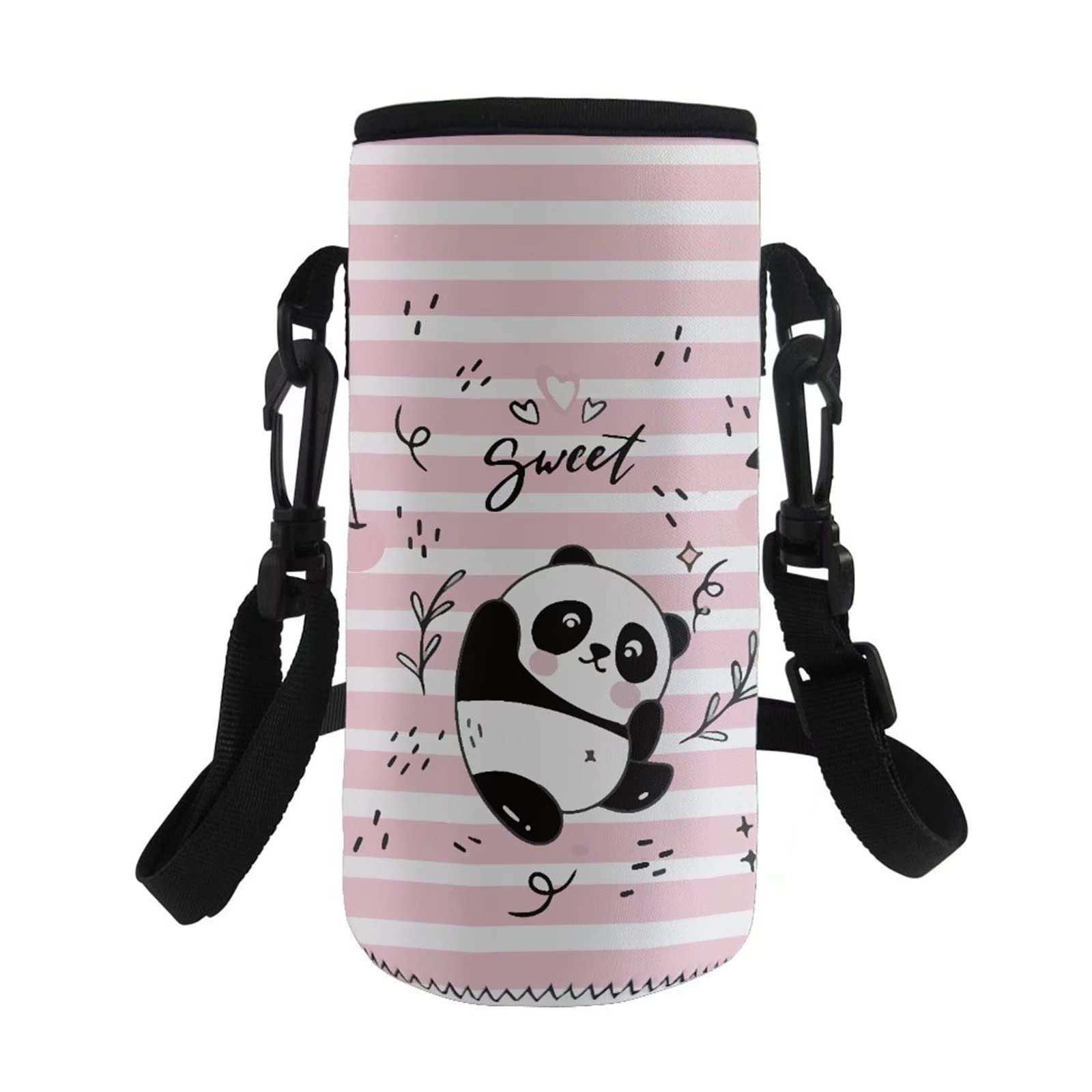 COEQINE Water Bottle Carrier Holder Portable Adjustable Shoulder Strap for Kids Adult Sport Hiking Walking Water Bottle Pouch Cover Fit Stainless Steel/Plastic Bottle with Panda Pink Stripe Pattern