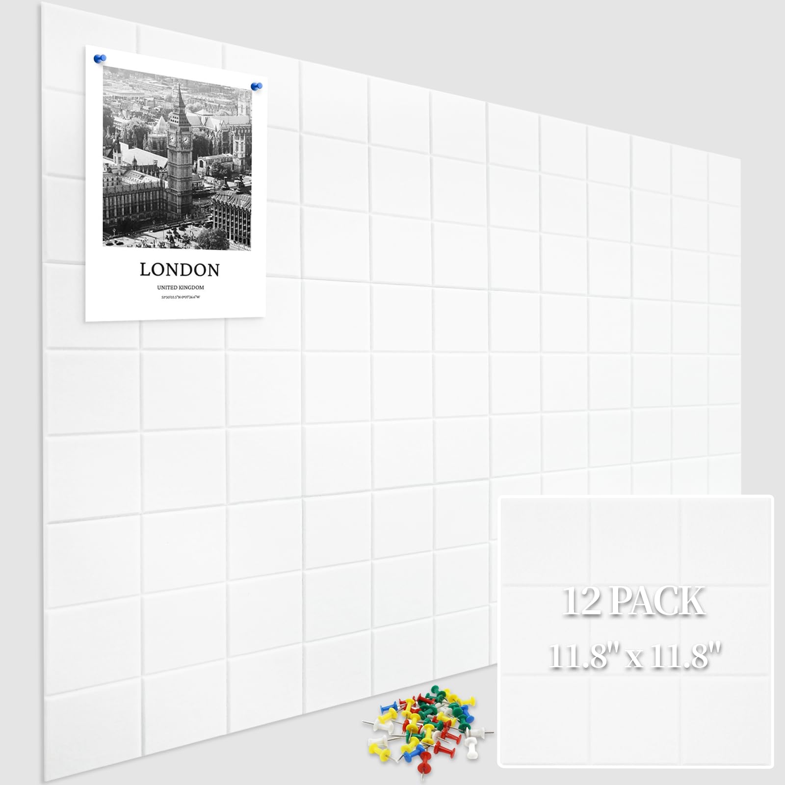 Photo 1 of 12 Pack Large Cork Board for Walls, 48" X 36" Felt Bulletin Board Tiles with 48 Safe Removable Adhesive Tabs & 60 Push Pin Board Decorative Cork Board Tack Board Wall Organizer for Office - White