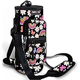 ARTSO Water Bottle Carrier Bag with Phone Pocket, Neoprene Sleeve Water Bottle Holder Sling Bag Pouch with Adjustable Strap 25/32/40/64 oz for Walking Hiking Camping Gym(32oz, Black Rainbow Flowers)