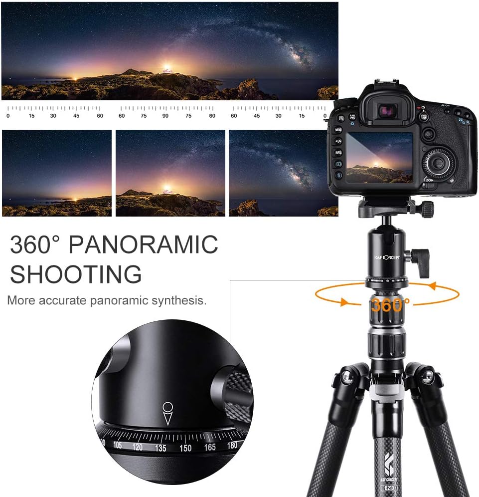 K&F Concept 61" Carbon Fiber Camera Tripod, B210 Professional Lightweight Compact Tripod with 2 Sections Central Column 360 Degree Ball Head and Carrying Case for Digital Camera/Camcorder : Camera & Photo