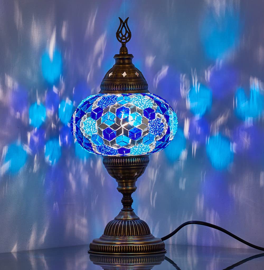 Photo 1 of ***MISSING THE BASE***DEMMEX – 7" Large Globe Turkish Moroccan Mosaic Table Lamp, Handcrafted Tiffany-Style Colorful Glass Bedside, Desk & Table Light, Artisan Decor for Living Room or Bedroom, 14" H (Blue)***MISSING THE BASE***