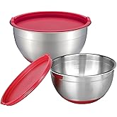 MARSKITOP Stainless Steel Mixing Bowls with Lids Set, Nesting Mixing Bowls with Airtight Lids, Measurement Marks and Red Non-Slip Bottoms, Great for Mixing and Serving, 3QT & 5QT