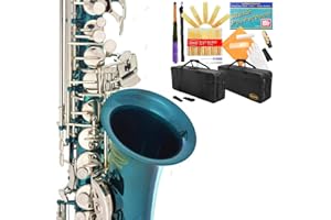 Lazarro Professional Sea Blue Body Silver Keys E-flat Eb Alto Saxophone Sax with 11 Reeds, Case, Music Book, Mouthpiece and Many Extras, 370-SB