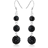 Black Red White Crystal Pave Round Graduated Two or Three Tier Disco Ball Linear Dangle Chandelier Earrings for Women Teen.925 Sterling Silver