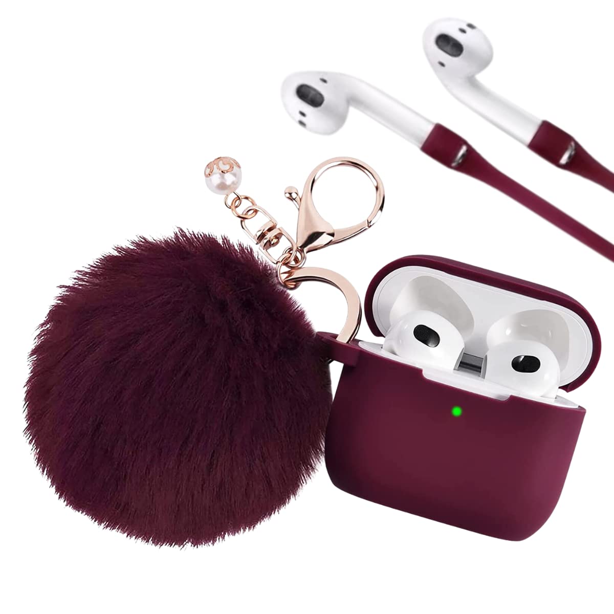 PERSONALLY YOURZ AirPod 3 Case Designer Airpods 3rd Generation Case With Fluffy Pompom 【Support Wireless Charging】Offer maximum Protection Light Weight Premium Grade Silicone - (Burgundy)