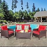Tangkula 4 PCS Patio Furniture Set, Outdoor Rattan Wicker Sofa Comfortable Cushioned Seat, Garden Lawn Sectional Conversation Set with Glass Top Coffee Table