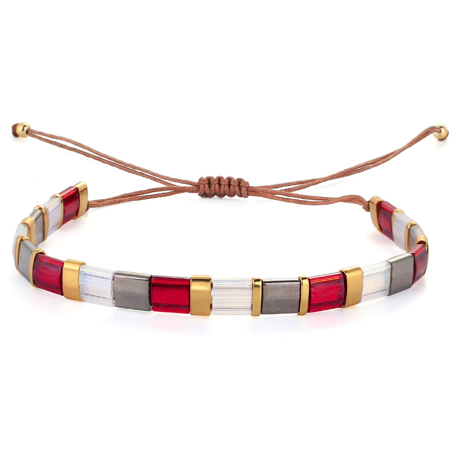 KELITCH Colorful Friendship Stretch Bracelets Candy Miyuki Beads Bracelets Adjustable Mixed Strand Jewelry - Red Gray 01B