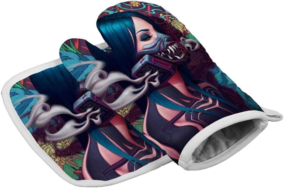 NiYoung Microwave Gloves Cooking Hot Glove for Cooking Baking BBQ, Oven Glove + Pot Holder, with Hanging Loop, Trippy Cool Punk Girl Painting Gloves
