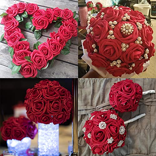 Lmeison Artificial Flower Rose, 50pcs Real Looking Artificial Roses w/Stem for Bridal Wedding Bouquets Centerpieces Baby Shower DIY Party Home Décor, Dark Red with 4 Leaves - Thumbnail 4