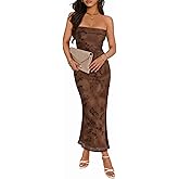 MEROKEETY Women's 2026 Summer Floral Strapless Dress Bodycon Tube Slit Mesh Wedding Guest Cocktail Party Maxi Dresses