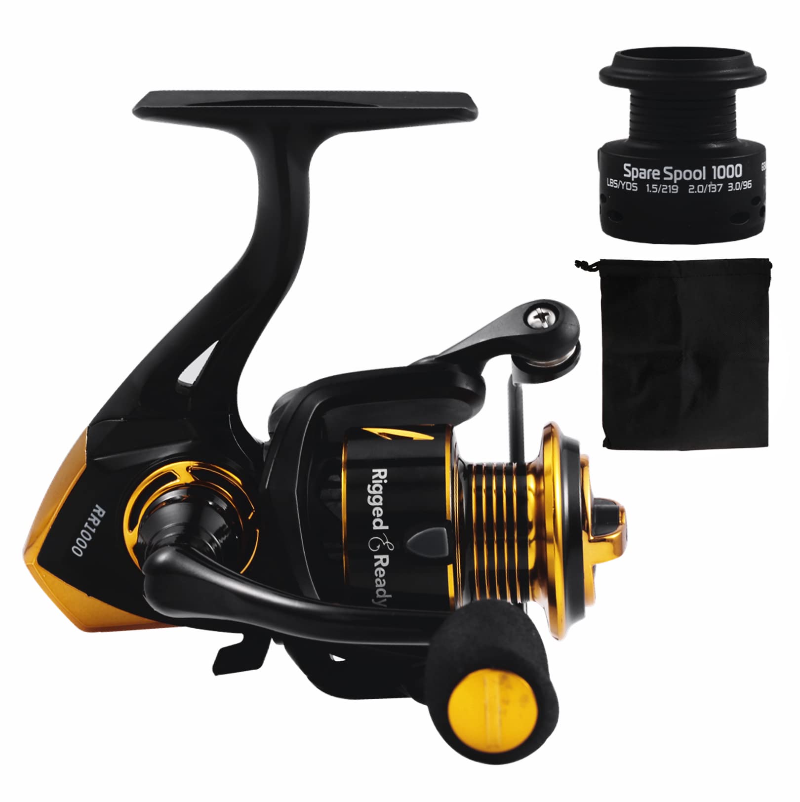 Rigged and Rigged RR 1000 spin reel. Smooth strong durable salt protected. 4+1 bearing. Spare spool + bag