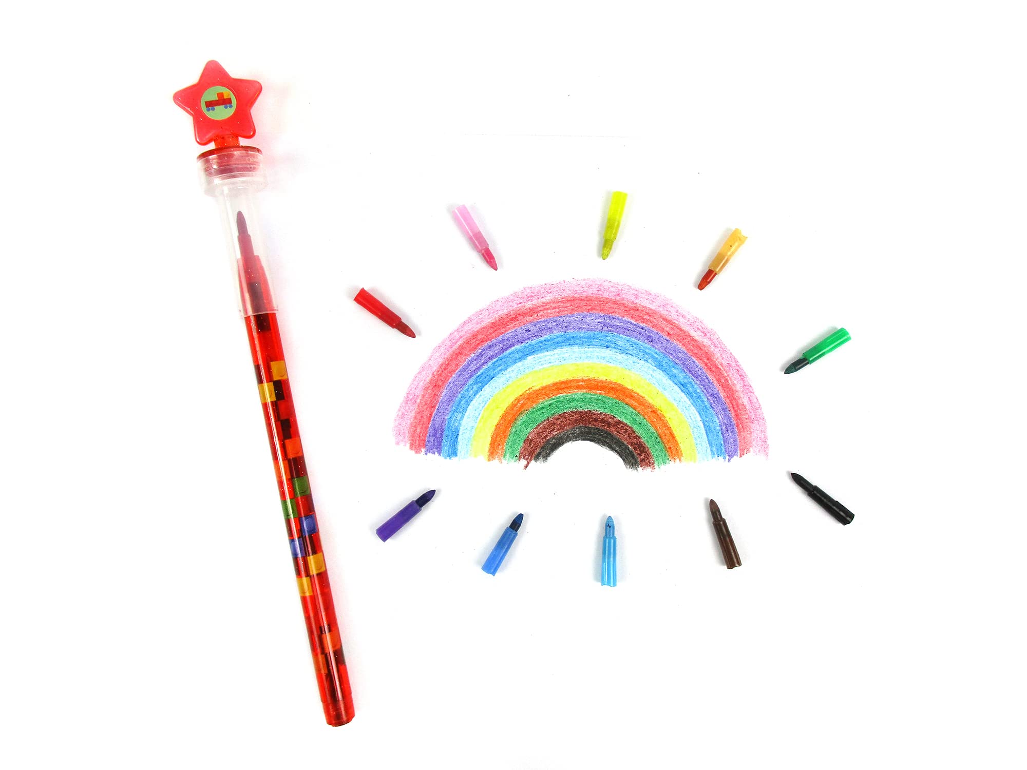 TINYMILLS 24 Pcs Color Blocks Brick 2 in 1 Stackable Stacking Crayon with Extra Stamper Topper, Kids Party Favors, Goodie Bag Stuffers, Classroom Rewards, Prizes