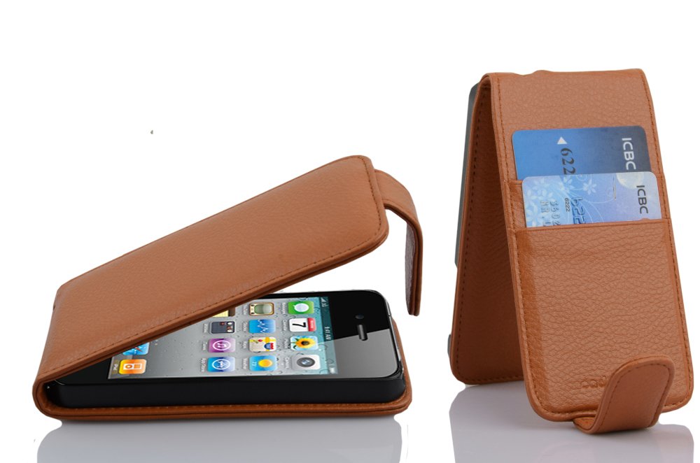 cadorabo Case works with Apple iPhone 4 / iPhone 4S in SADDLE BROWN - Flip Style Case made of Faux Leather with Card Slot - Wallet Etui Cover Pouch PU Leather Flip