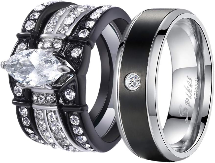 MABELLA His and Hers Wedding Ring Sets Couples Matching Rings Black Women's Stainless Steel Cubic Zirconia Engagement Ring Bridal Sets & Men's Titanium Wedding Band