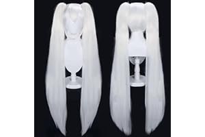 JoneTing White Wig +(Wig Cap) with Double Ponytails Wigs for Women Long Straight Synthetic Hair Wigs for Halloween 2 Pigtail With Bangs Wig for Anime Cosplay Chrismas Party Wig for Coser