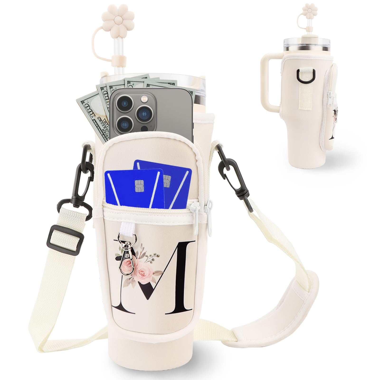 Initial Personalized Water Bottle Bag for Stanley 40oz Tumbler,with Phone Pocket,Neoprene Water Bottle Carrier with Adjustable Strap and Straw Cover & Carabiner,for Stanley Cup Accessories (M)