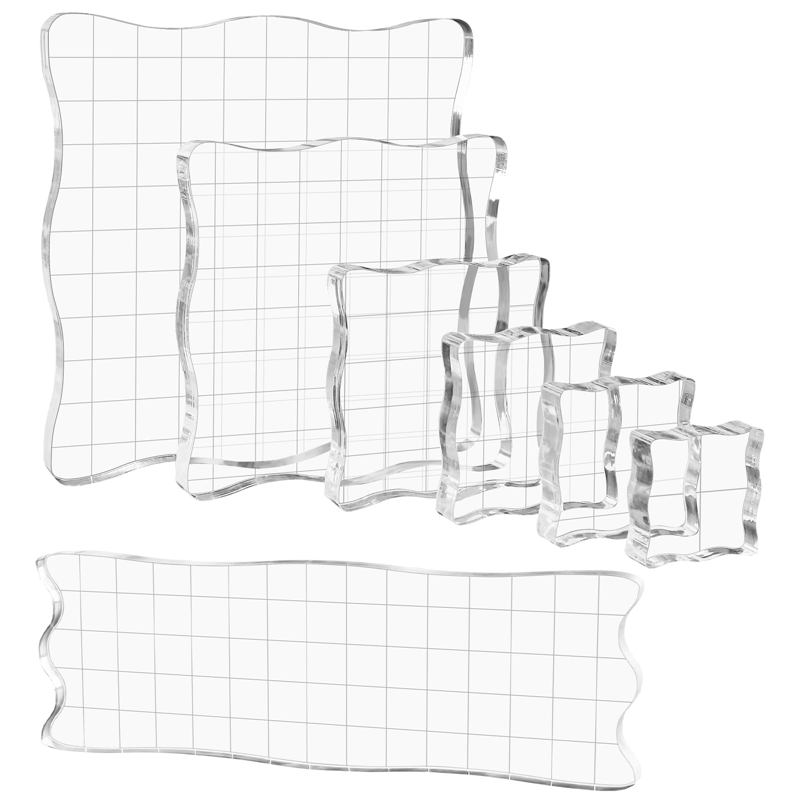 Briartw 7 Pieces Acrylic Stamp Block Clear Stamping Tools Set with Grid Lines for Scrapbooking Crafts Card Making,Clear Acrylic Stamp Block Kit with Grid Lines,Scalloped Edges,Thickness 8mm