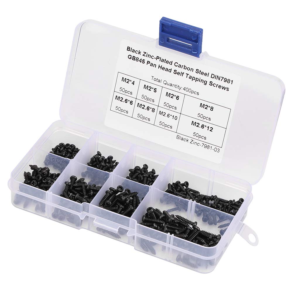 YWBL-WH Self Tapping Screws Black M2/ M2.6 Stainless Steel Cross Pan Head Set Assortment Kit 400Pcs