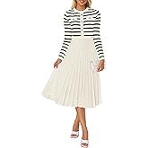 ZESICA Womens Long Sleeve Striped Midi Dresses Crewneck Button Ribbed Knit Pleated A Line Swing Sweater Dress