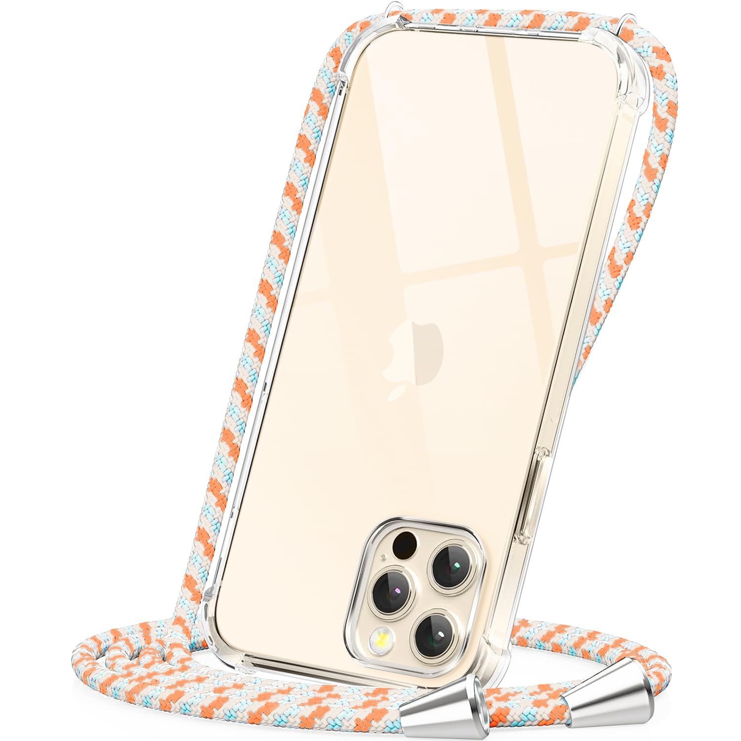 CAROKI for iPhone 12 Pro Max Clear Crossbody Phone Case with Adjustable Cord Strap TPU Soft Protective Cover Neck Lanyard Shockproof & Hands-Free Carrying-Orange Blue