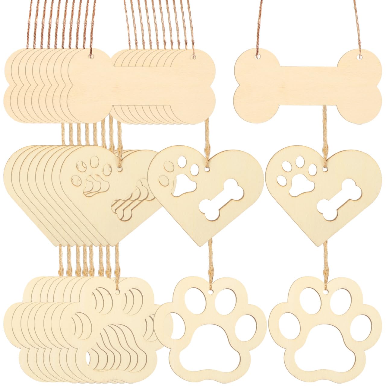 Beavorty 34Pcs Wooden Paw Print and Bone Shaped Cutouts with Rope DIY Craft Tags Pawprint Decoration for Home Decor Party Supplies and Holiday Decorations