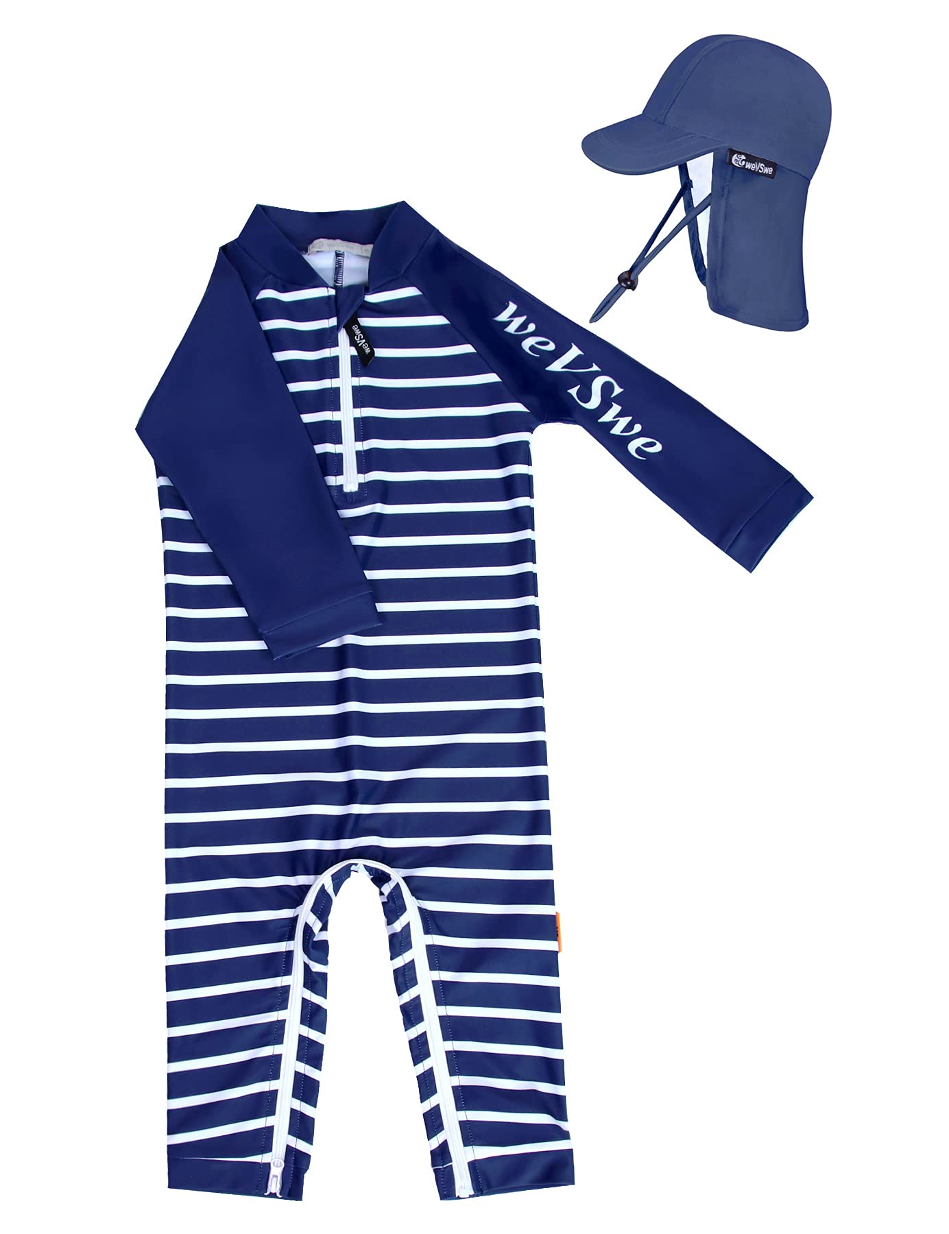 Photo 1 of weVSwe 12-18 Months Baby Boy Swimsuit Toddler Dark Blue Stripe Rash Guard Sun Protection Swimwear with Swim Hat