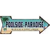 Mukuko Poolside Paradise Rustic Looking Arrow Tin Metal Sign Outdoor Pool Hot Tub Tiki Backyard Sign Gift 6" x 18"