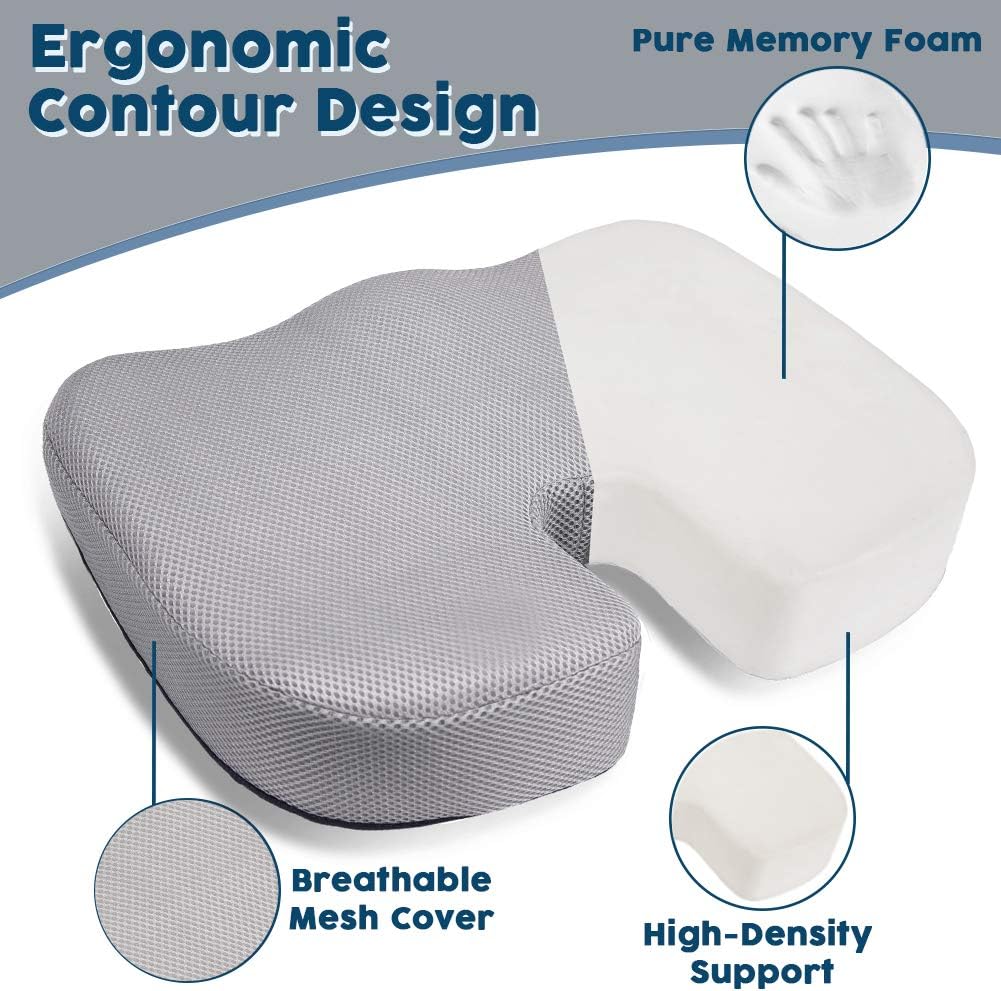 Memory Foam Seat Cushion for Office Chair, Non-Slip Orthopedic Memory Foam Coccyx Cushion for Long Sitting, Cushion for Office Chair Car Seat Cushion, Tailbone Pain Relief Cushion, Gray Mesh Cover: Home & Kitchen