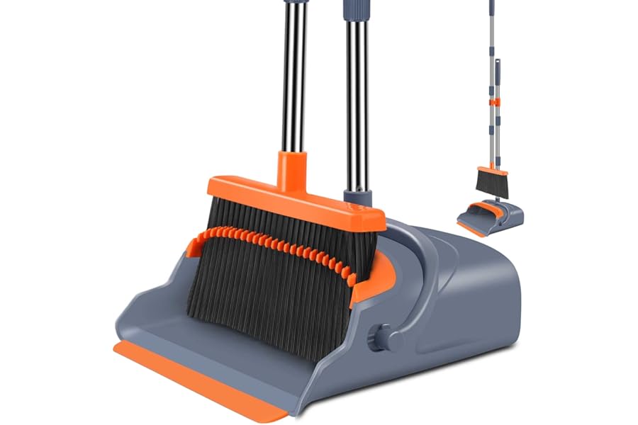 kelamayi Upgrade Broom and Dustpan Set, Self-Cleaning with Dustpan Teeth, Indoor&Outdoor Sweeping, Ideal for Dog Cat Pets Home Use, Stand Up Broom and Dustpan (Gray&Orange)