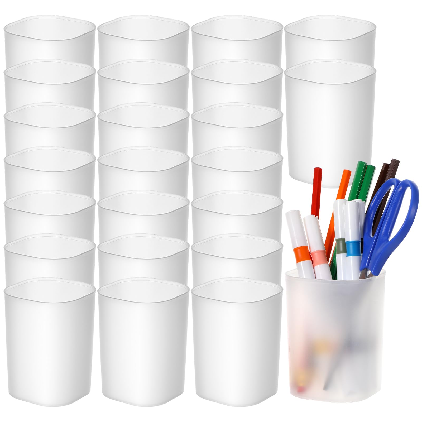 Photo 1 of JOUTYFOR 24 Pack Translucent Pen Holder Pencil Cups for Desk Organizers and Storage Stationery Plastic Matte Pencil Holder Cups Ins Style Transparent for Office Home Supplies