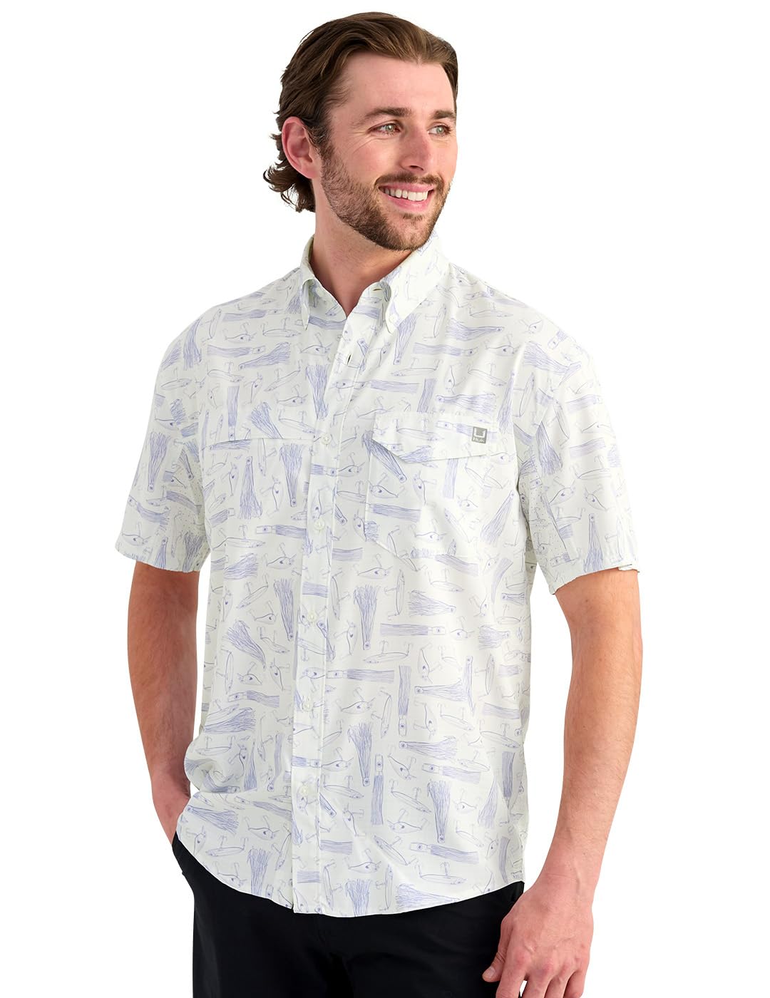 HUK Mens Tide Point Pattern Short Sleeve Shirt, Fishing Button Down, KC – White 2.0, XX-Large