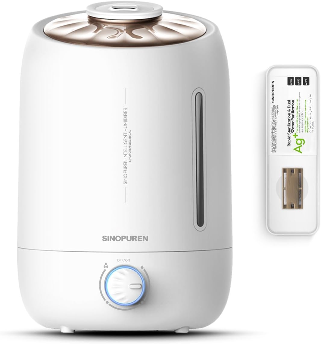 SINOPUREN Ultrasonic Cool Mist Humidifier, 5L Large Capacity Filter Free Humidifiers with Essential Oil Container Anti-Bacterial Whisper Quiet and Auto Shut-Off for Baby Home Bedroom Office