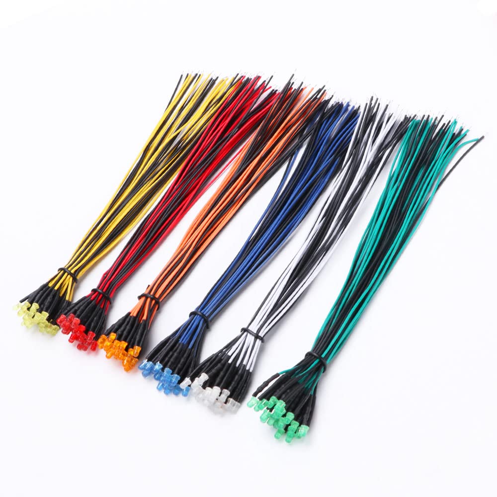 YIXISI 120 PCS 3mm LED Diodes Light 6 Colors (Each Color 20 PCS) with Diffused Colored Lens, Ultra Bright 12V 20cm Pre Wired, Orange/White/Red/Blue/Green/Yellow