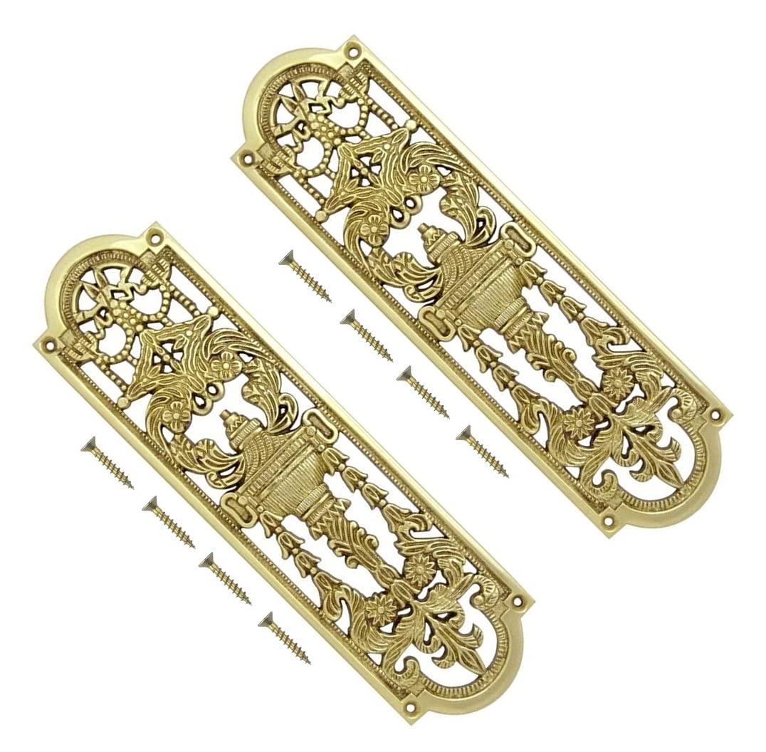 TERF® 225mm X 70mm Antique Solid Brass Fancy Finger Plate 225mm X 70mm (9'' X 2.76'') Door Push Plate Fancy Finger Plate Including Fixing Screw - Pack of 2