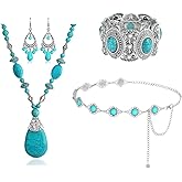 Bohemian Turquoise Necklace Set - Women's Western Jewelry with Long Choker, Pendant, Dangle Earrings, Layered Bracelets
