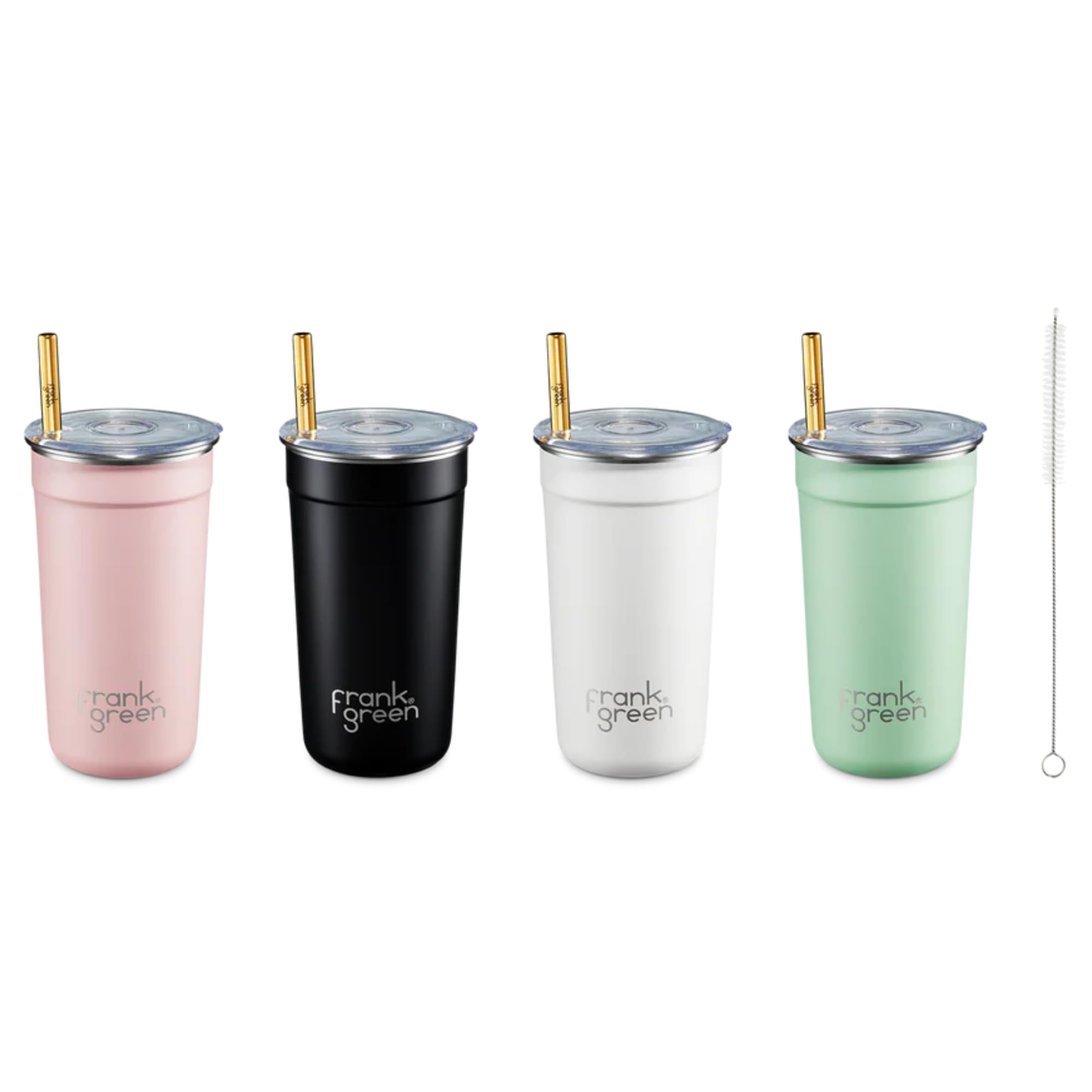 frank green Reusable Party Cups 4 Pack - Stackable Cups with Stainless Steel Straw and Splash-Proof Lid - Ideal for Smoothies, Iced Coffee, Cocktails & More - Pink, Black, White & Mint